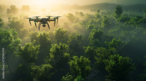 A drone flies in the mist above a lush green forest in the early sunlight photo