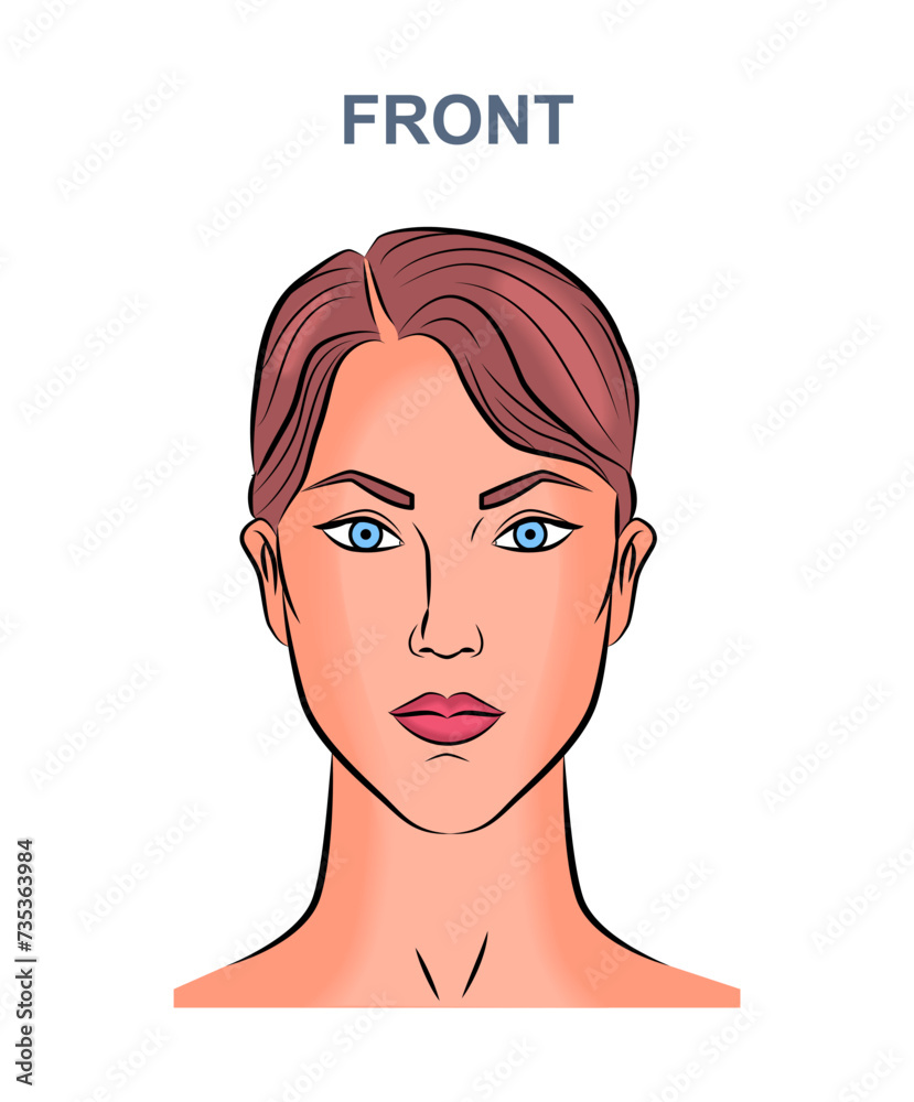 Woman face avatar concept. Young girl with inscription front. Profile for social networks. Graphic element for website. Simple flat vector illustration isolated on white background Woman face avatar concept. Young girl with inscription front. Profile for social networks. Graphic element for website. Simple flat vector illustration isolated on white background