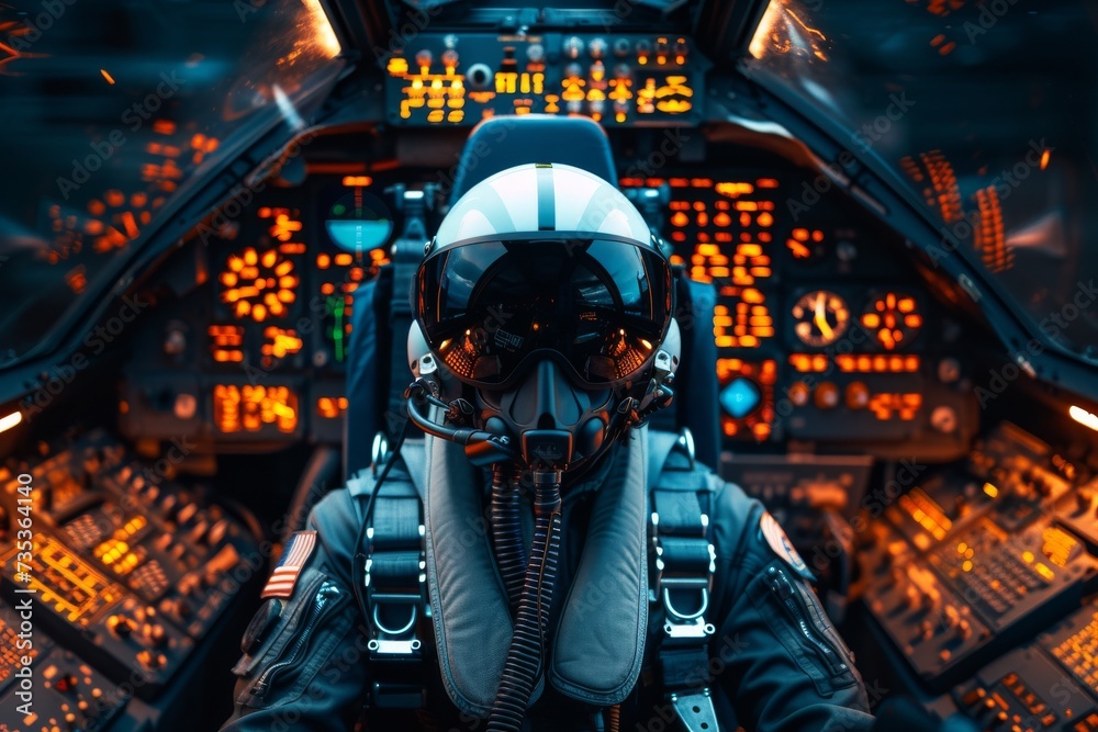 Fighter jet pilot in cockpit with helmet. Military aviation and technology concept. Warplane, fighter. Design for banner, wallpaper