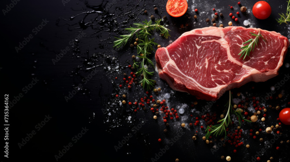 Raw beef steak with spices and rosemary on a black background