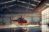 Red helicopter in a hangar with sunlight. Modern aviation and travel concept. Rescue and emergency services. Design for banner, poster