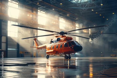 Red rescue helicopter in a hangar. Modern aviation and travel concept. Rescue and emergency services. Design for banner, poster, wallpaper