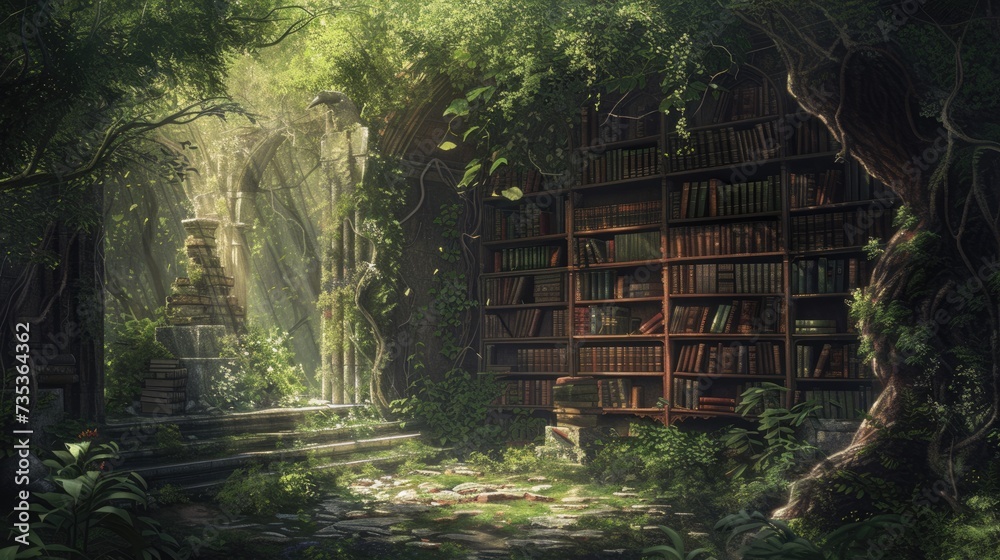 An ancient library in a hidden forest, overgrown with ivy, books filled with forgotten lore, mystical ambiance, sunlight filtering through leaves. Resplendent. - obrazy, fototapety, plakaty 