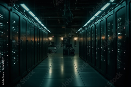 Modern Dark Server Room with Advanced Technology Equipment for Data Management Generative AI