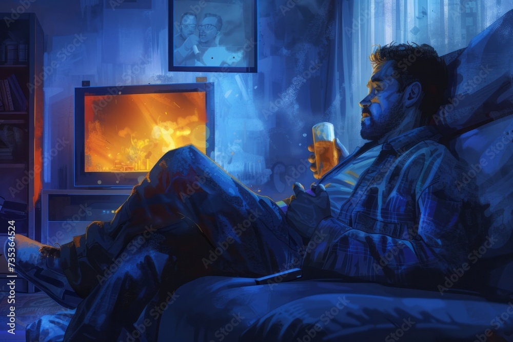 Man Sitting on Couch Holding Glass of Beer Man Sitting on Couch Holding Glass of Beer
