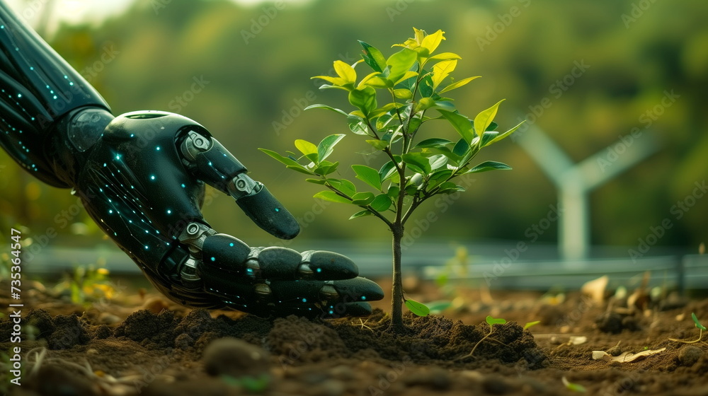 A robotic hand gently cradles a growing plant, illustrating the harmony ...