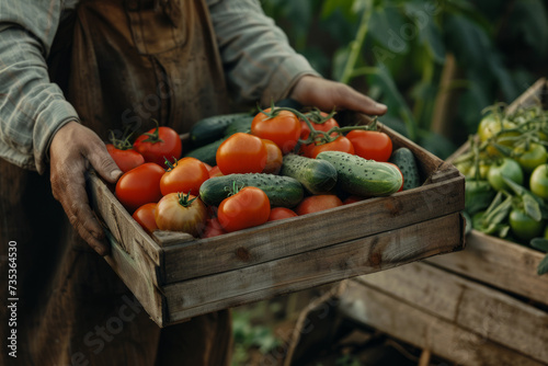 A farmer  holding a box of freshly harvested tomatoes and cucumbers from the garden. Fresh vegetables. © Helen