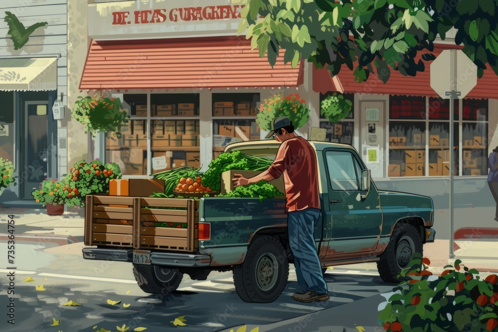 A Painting of a Man Unloading Produce From a Truck