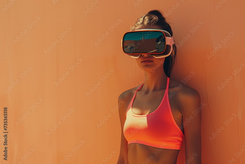 Naklejka premium a woman in a bikini is wearing a virtual reality headset