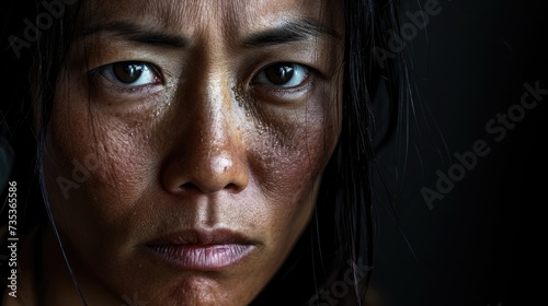 A woman of Asian descent with a haunted expression her eyes filled with pain as she tries to find the strength to overcome her PTSD.