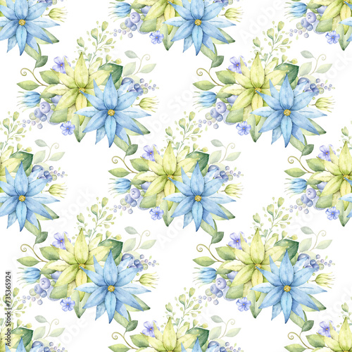 Bright floral pattern. Watercolor hand painted seamless pattern with blue yellow flowers and green leaves.