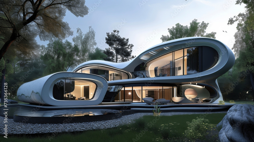 Obraz premium Step into this futuristic home and experience the full potential of smart architecture with advanced sensors and materials that seamlessly adapt to your lifestyle and personal