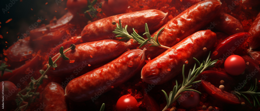 Sausages with Fragrant Herbs and Spices in a Fiery Grilling Scene Sausages with Fragrant Herbs and Spices in a Fiery Grilling Scene