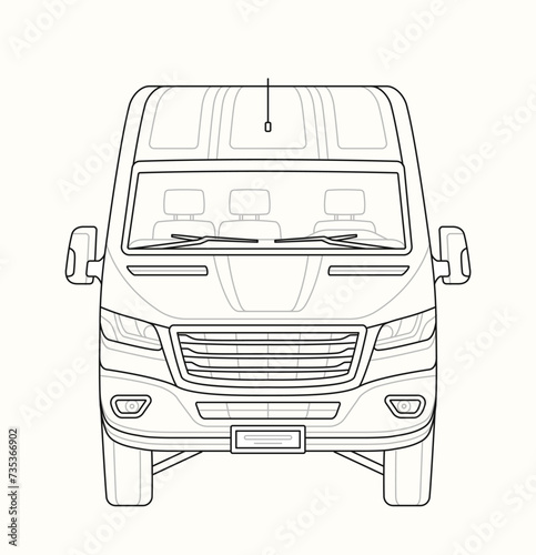 Van linear front view. Contour sketch of transport. Minimalistic creativity and art. Transportation and delivery. Vehicle and car. Outline flat vector illustration isolated on white background