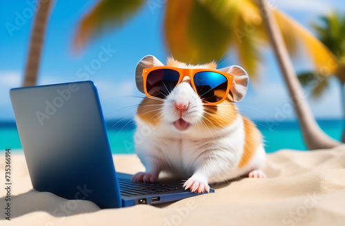 cute hamster with a laptop on vacation by the sea