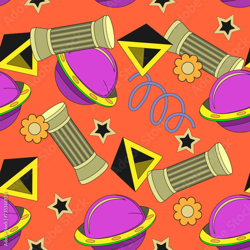 Seamless pattern with chaotically flying psychedelic objects - pyramids, planets, stars and antique columns. Vector illustration