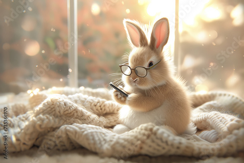 Cute bunny with glasses holding a cell phone. Happy Easter card background.