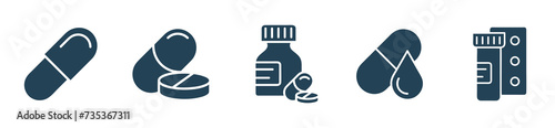 Pharmaceutical medicine and pill solid icon. set of medicine icons, pills, capsules, drug store, pharmacy