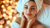 Spa Woman. Beautiful Girl After Bath Touching Her Face. Perfect Skin. Skincare. Young Skin