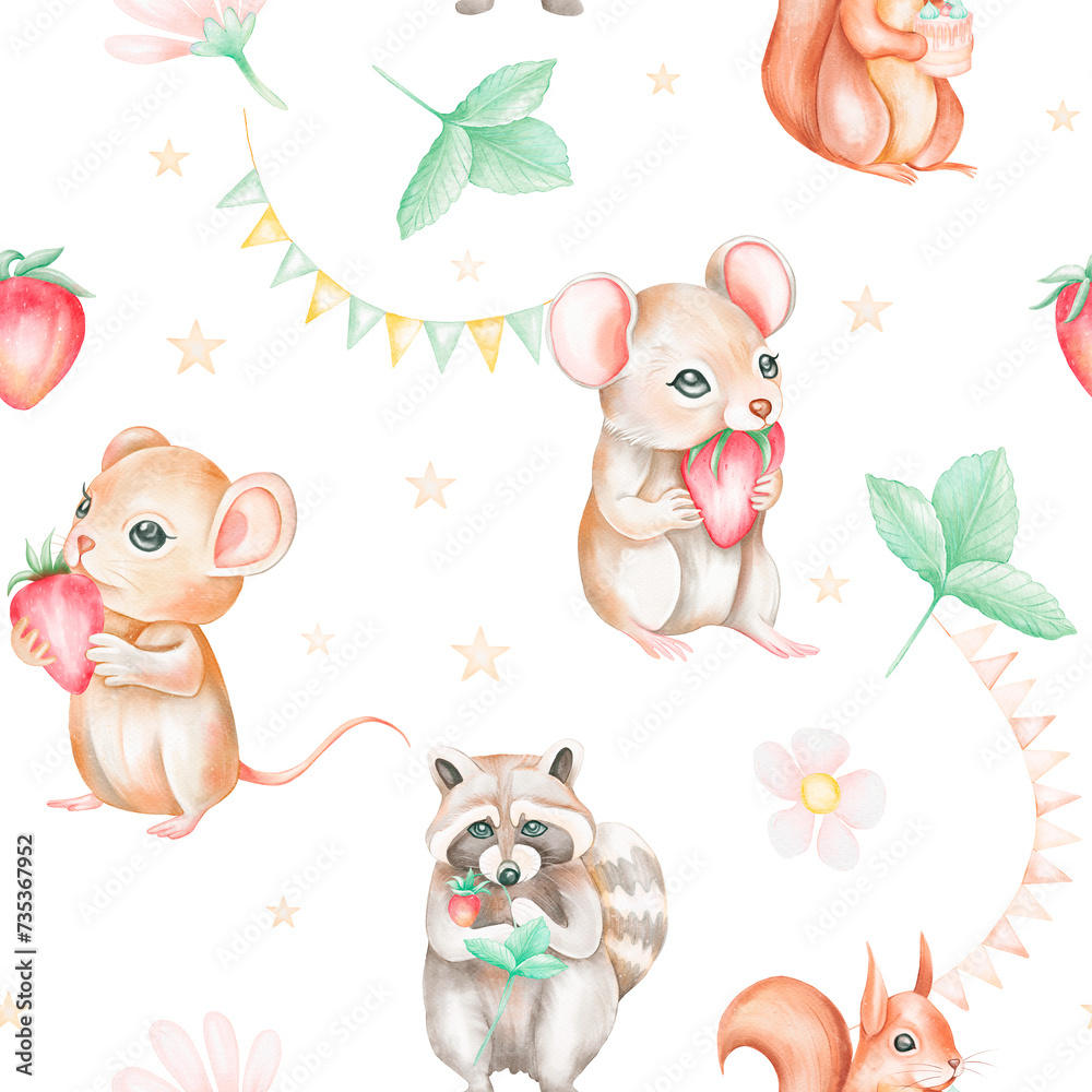 Naklejka premium Watercolor seamless pattern with forest animals and natural elements. Cute mouse, squirrel, raccoon,strawberry, plant, leaf, flower. Woodland creatures in the wild. Illustration for nursery, wallpaper