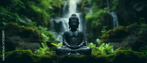 Buddha Statue in a Verdant Forest Illuminated by Soft Light