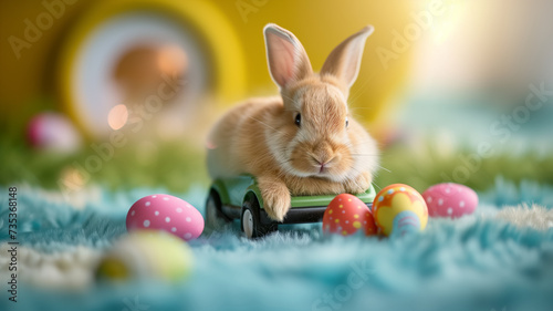 cute bunny with a toy car and Easter eggs. Easter greeting card concept, space for text