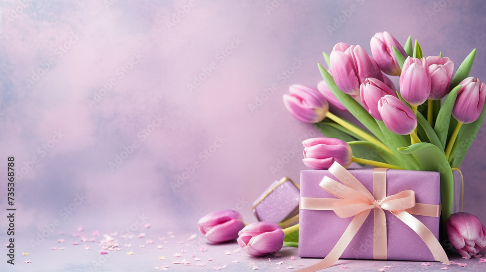 Gift box with pink tulips on a soft pink background. Spring background with tulips.