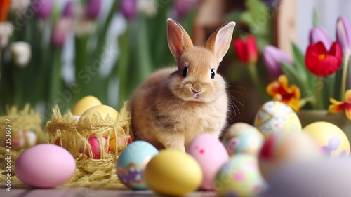 Cute little bunny and colorful Easter eggs on a background of spring flowers.