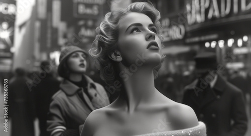 Grainy 1950's B&W portrait of a young hollywood starlet in the Big Apple. Dreams of stardom and her name in the big neon lights.