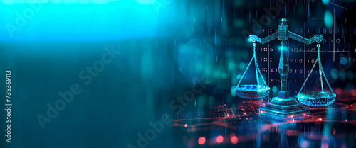 Digital law concept. Law scales at data center. Abstract banner