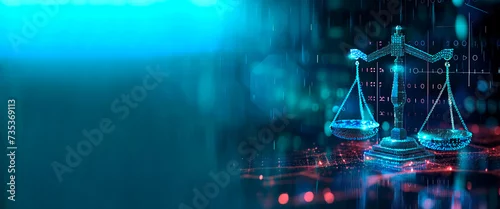 Obraz Digital law concept. Law scales at data center. Abstract banner