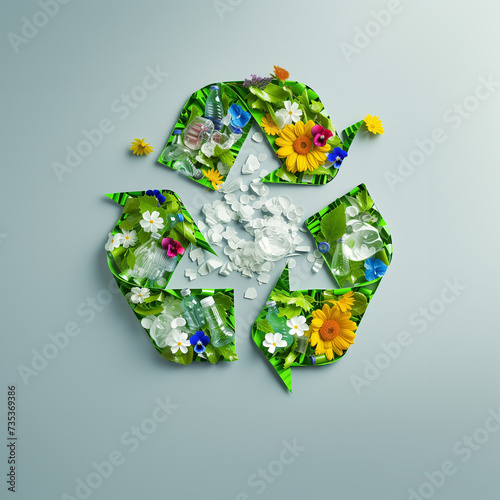 Recycling symbol made out of flowers, plastic bottles, waste, green