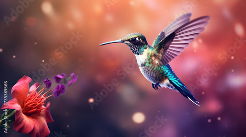A hummingbird with a colorful background and a blurry background.,, Beautiful Hummingbird at flying an collecting hoeny from flower © faisal