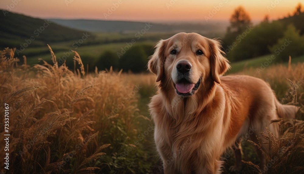 Golden retriever, dog at dawn, purebred dog in nature, happy dog, beautiful dog