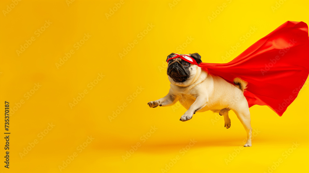 Cachorro pug super-herói com capa vermelha e máscara pulando em fundo amarelo - obrazy, fototapety, plakaty 