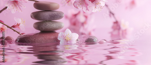 pedras de basalto zen e flor de sakura no fundo da água