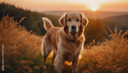 Golden retriever, dog at dawn, purebred dog in nature, happy dog, beautiful dog photo