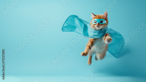 Gato engraçado em fantasia de super-herói voando sobre fundo azul.  photo