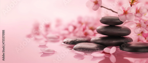 pedras de basalto zen e flor de sakura no fundo da água