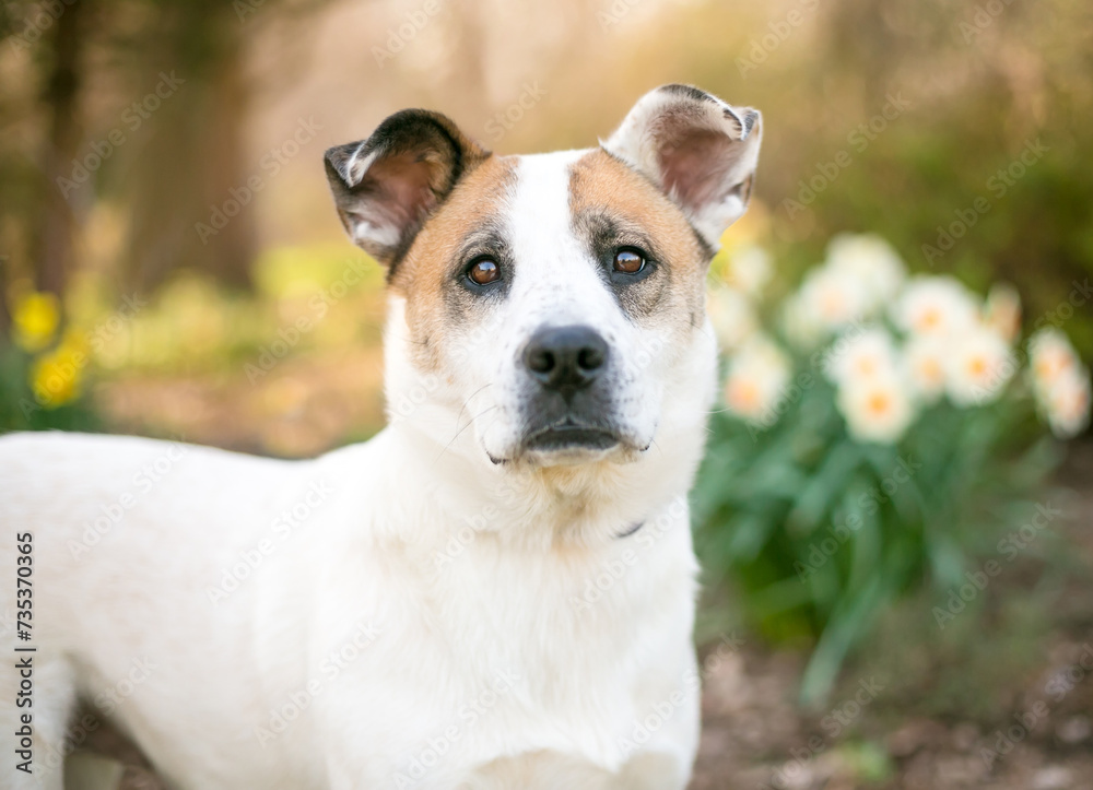 A mixed breed dog outdoors in the springtime