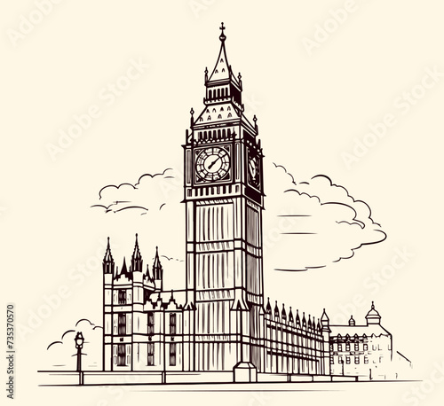 Drawing sketch illustration of Big Ben, one of the most significant landmarks of London