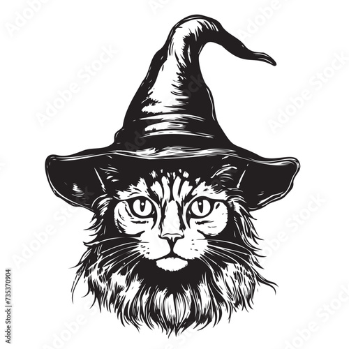 Black cat in a witch hat portrait sketch hand drawn