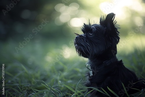 Affenpinscher dog sitting on green lush grass in park photo