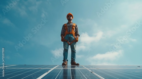 Workers install solar panels on the roof of a house. Renewable energy from the sun