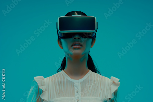 Portrait of a bright stylish young woman in virtual glasses on a plain background © olvius