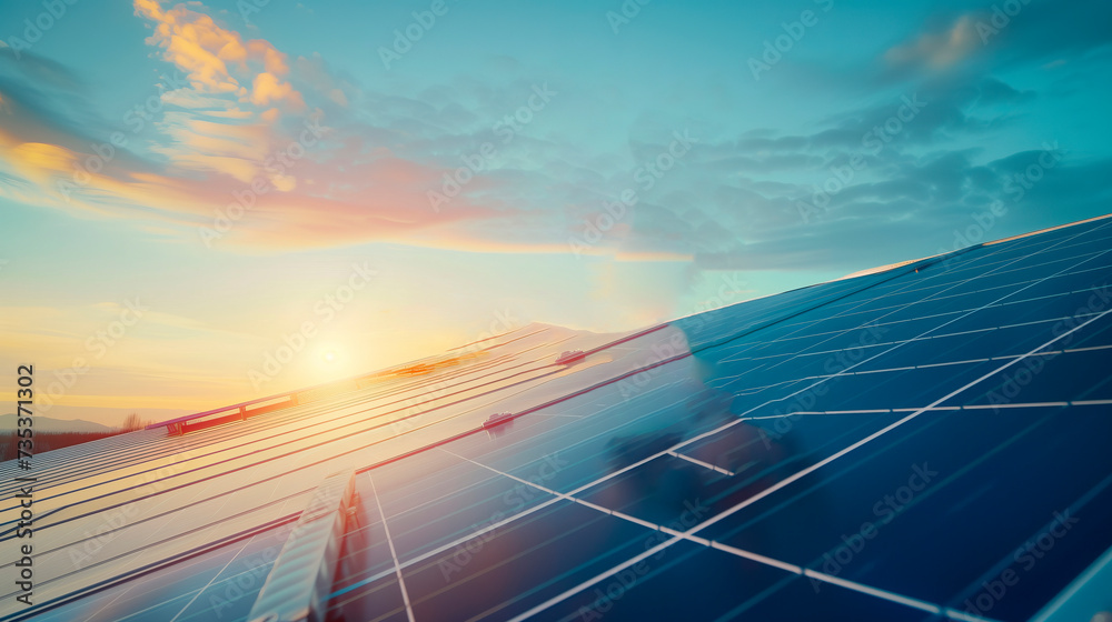 Fototapeta premium Solar panels against a blue sky. Renewable energy sources. Solving environmental problems