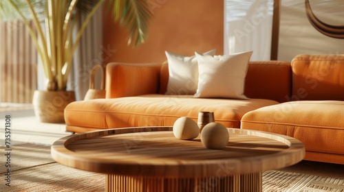 Minimal living room with wooden coffee table near sofa close-up. Interior in trendy peach colors,