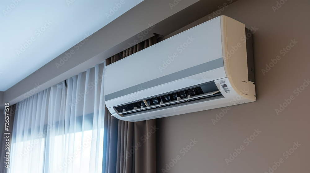 Air conditioner in beautiful interior above the sofa, bed near the window emitting cold air Air conditioner in beautiful interior above the sofa, bed near the window emitting cold air