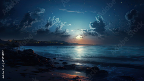 The essence of a romantic evening by the sea, where the moonlight reflects on the water, a surreal transition from dusk to night background  Ai Generative © SK