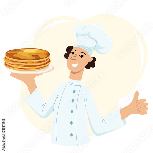 Vector illustration of a baker chef in a cap holding plates of pancakes. Image of breakfast, food, people, profession.